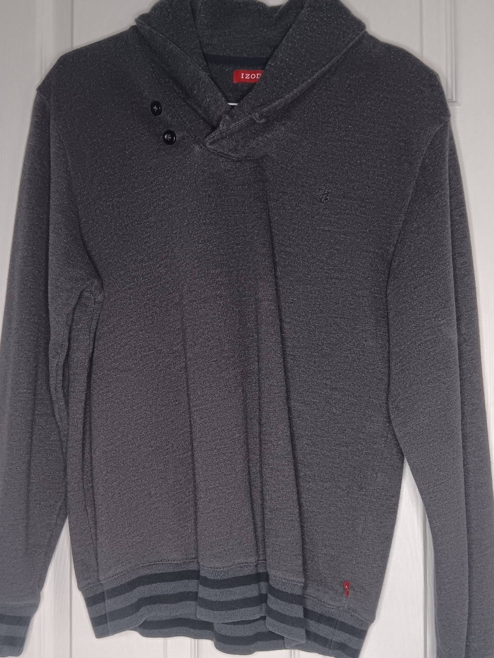 Izod Men's Charcoal Gray Shawl V-Neck Sweater with Button Detail